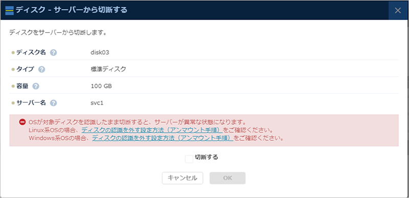 「ディスクをはずす」の確認ダイアログ