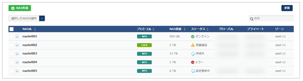 NASの詳細情報を確認画面