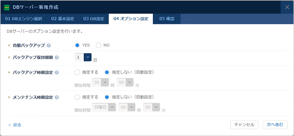 RDB：DB新規作成ダイアログ オプション設定